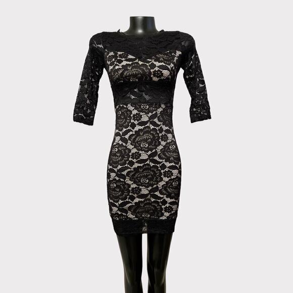 VINTAGE 90s Lace Mini Bodycon Dress sz Small XS Black Witchy Gothic 1/2 Sleeve - Picture 1 of 9